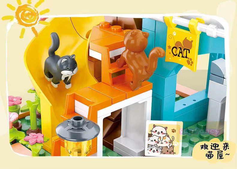 Maison Animaux Blocs de Construction avec Arbre Sakura – Villa Chat Jouet Créatif – Jeu DIY Enfant – Cadeau Fille
