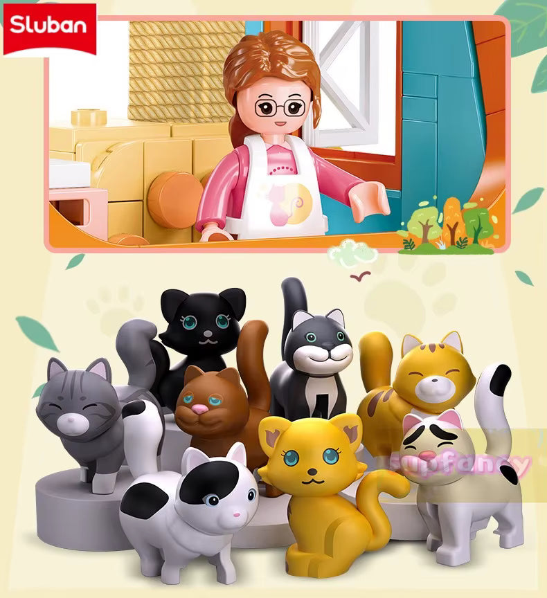 Maison Animaux Blocs de Construction avec Arbre Sakura – Villa Chat Jouet Créatif – Jeu DIY Enfant – Cadeau Fille