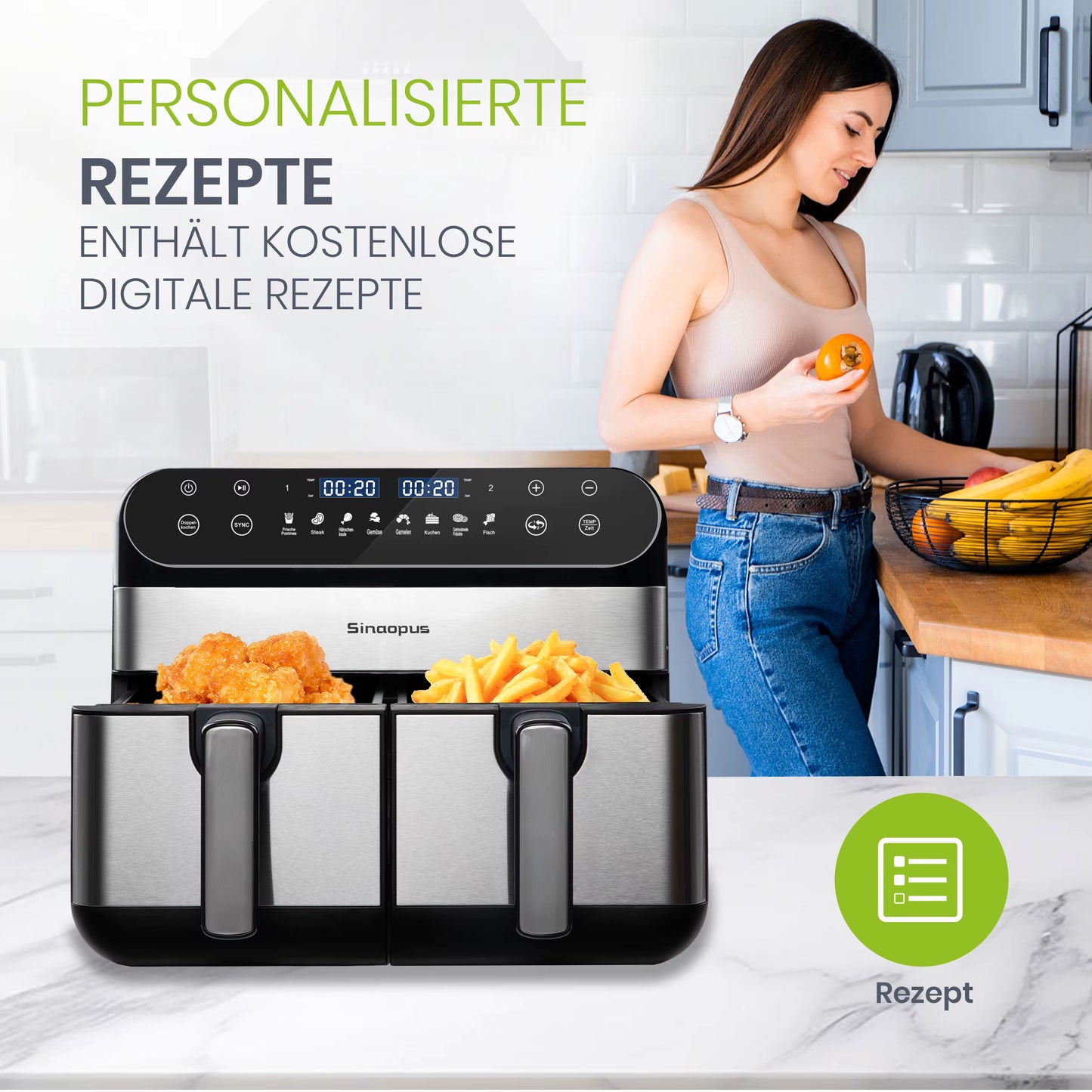 Friteuse à Air Chaud Double Panier 10L 2400W Écran Tactile LED Sans Huile XXL Cuisine Familiale Noir