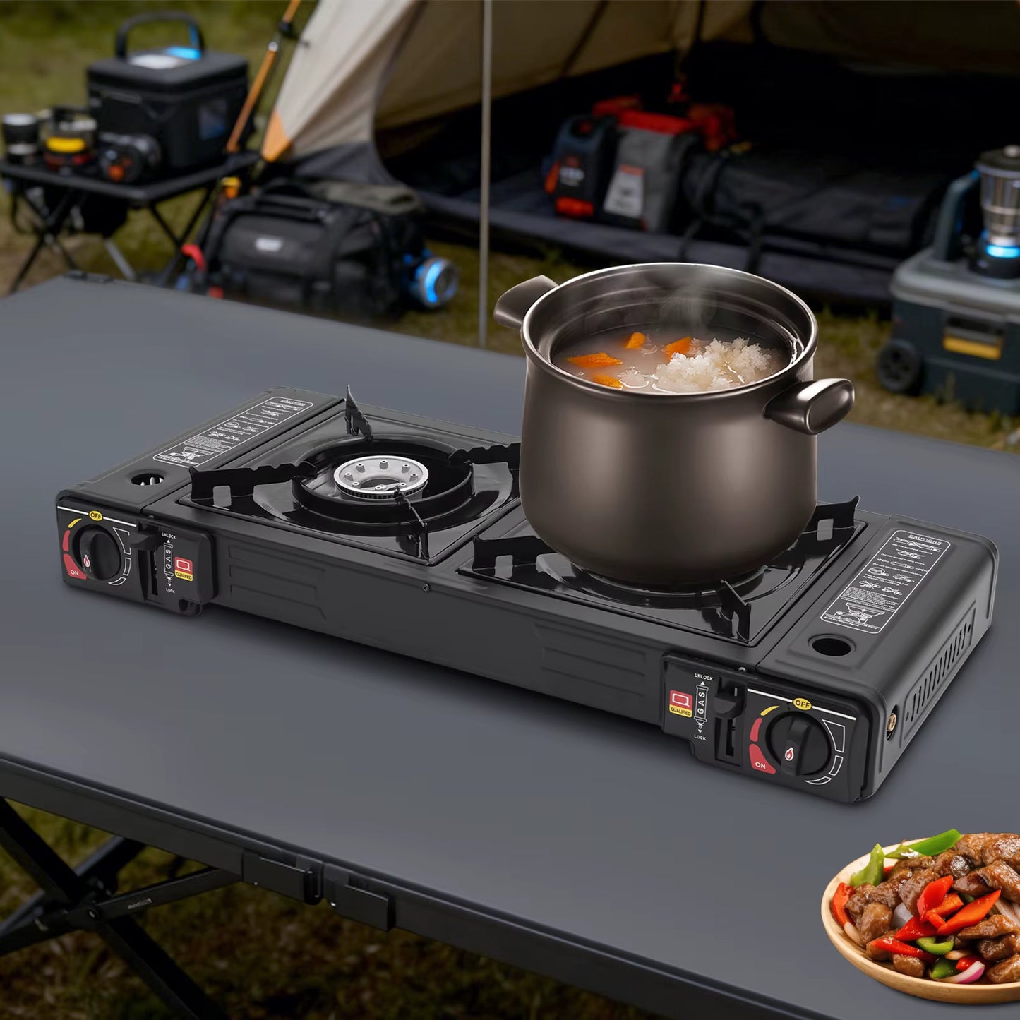 Réchaud de Camping Portable 2 Brûleurs Gaz Butane GPL 2,5 kW Allumage Automatique Barbecue Pique-Nique Outdoor