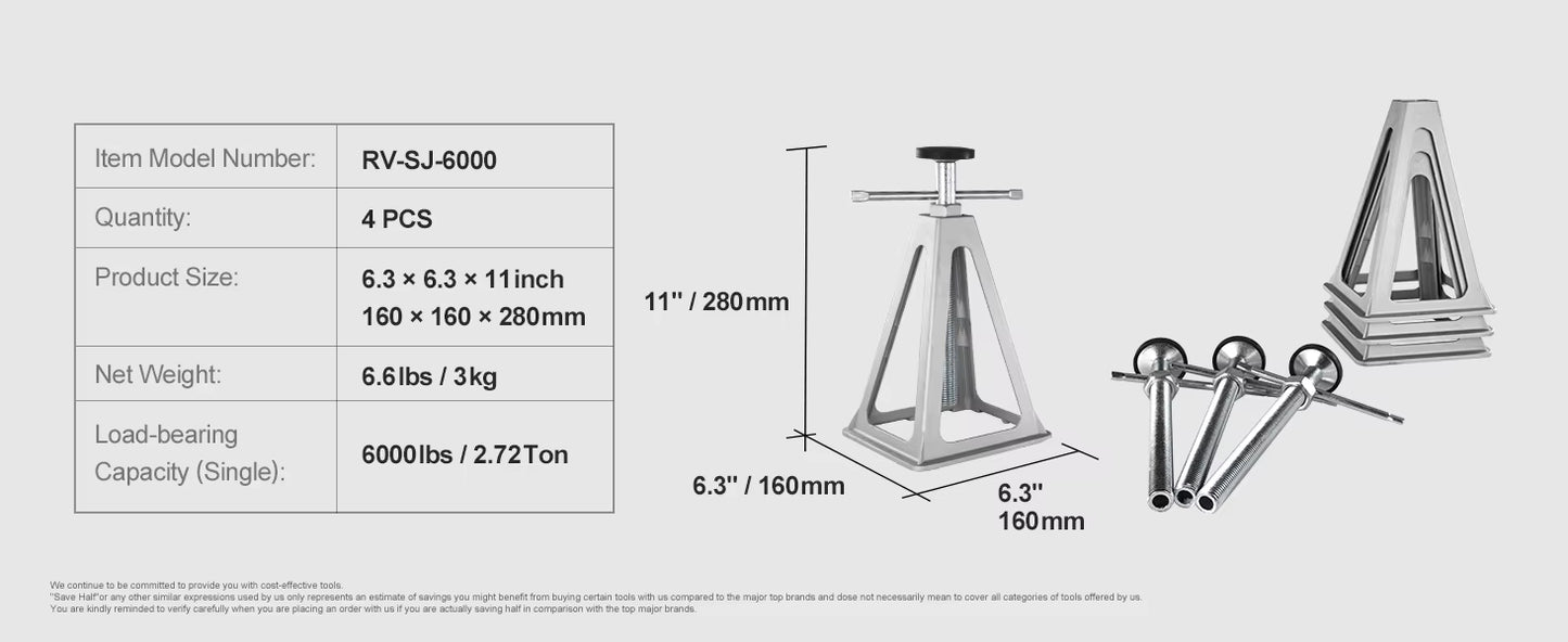 Lot de 4 Cric Stabilisateur RV 6000 lb – Cric de Nivellement Camping-Car – Support à Vis en Aluminium