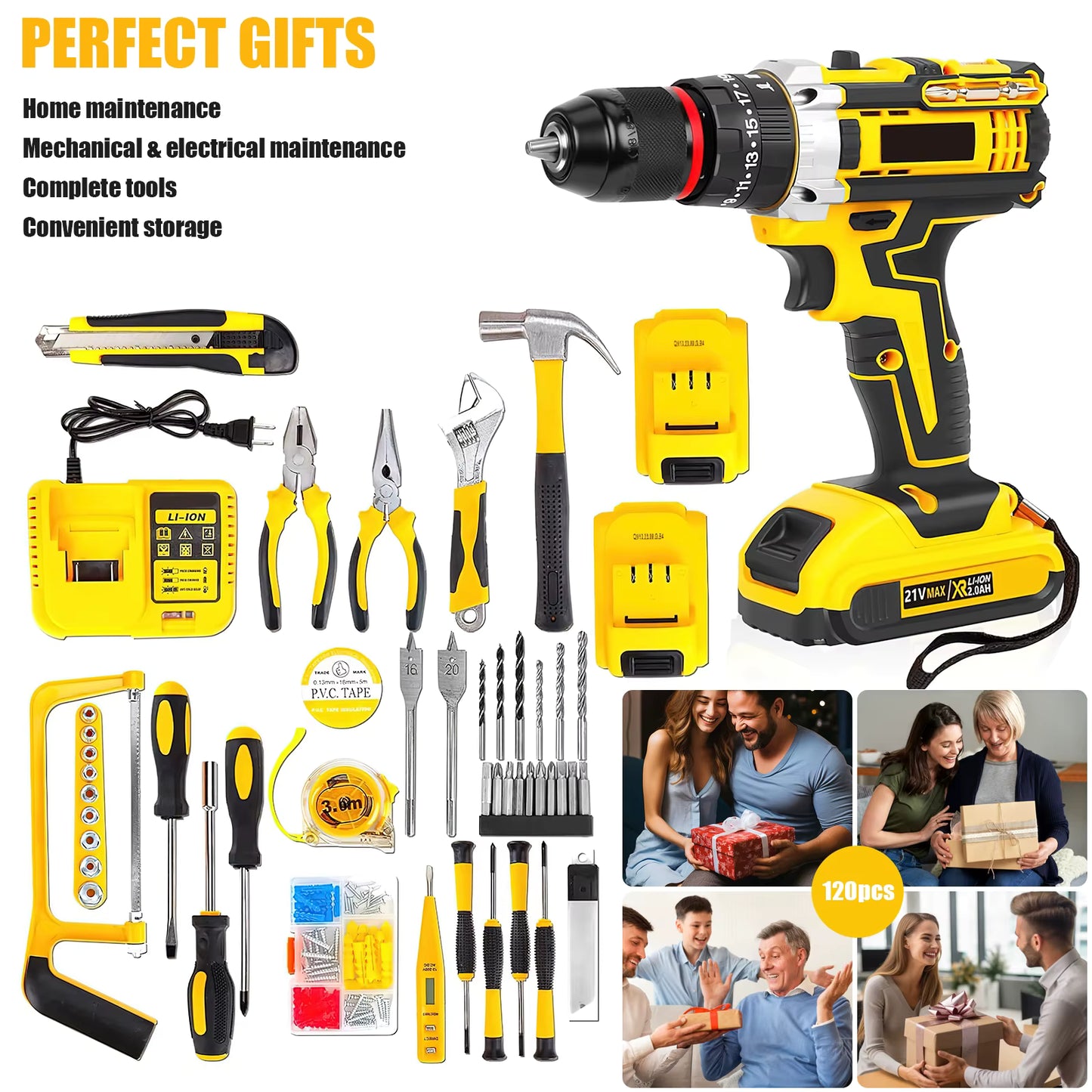 Kit perceuse-visseuse sans fil 21 V – 45 Nm – Mandrin sans clé 3/8" – Embrayage 25+3 – Coffret 120 outils de bricolage