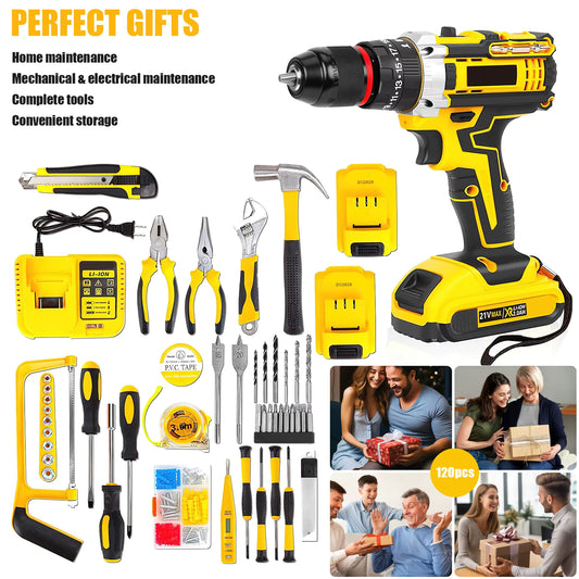 Kit perceuse-visseuse sans fil 21 V – 45 Nm – Mandrin sans clé 3/8" – Embrayage 25+3 – Coffret 120 outils de bricolage