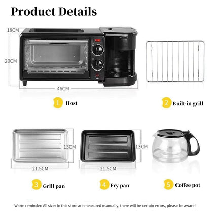 Machine Petit-Déjeuner 3 en 1 – Mini Four, Cafetière & Plaque de Cuisson – Compact 220V Noir