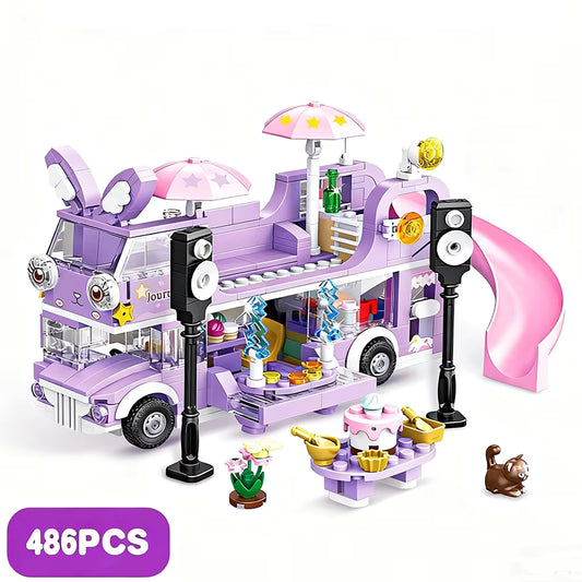 Bus Lapin Étoilé en Blocs de Construction – Jouet Créatif 486 Pièces avec Figurines – Univers Fantaisie Enfant – Jeu d’Assemblage DIY