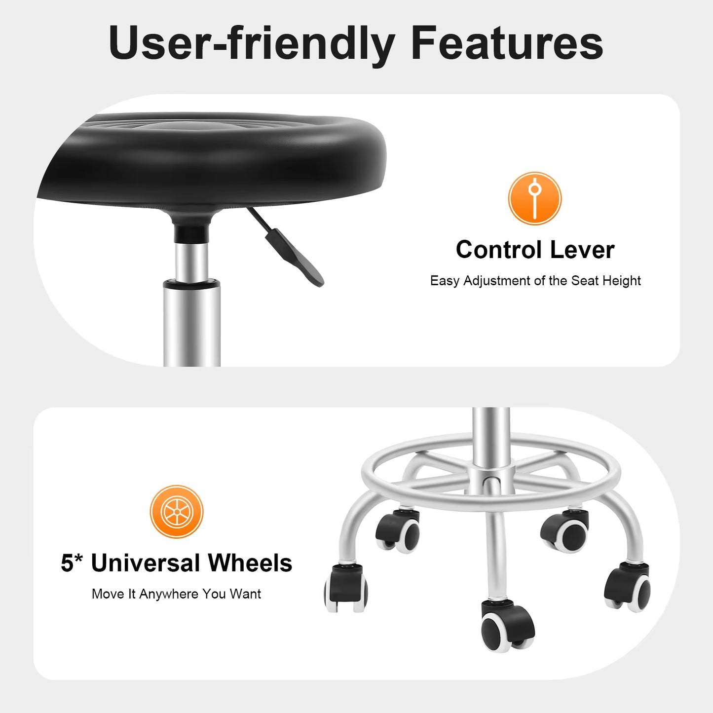 Tabouret de bar roulant réglable en hauteur 360° – Siège rotatif avec roulettes – Tabouret ergonomique pour salon bureau cuisine beauté