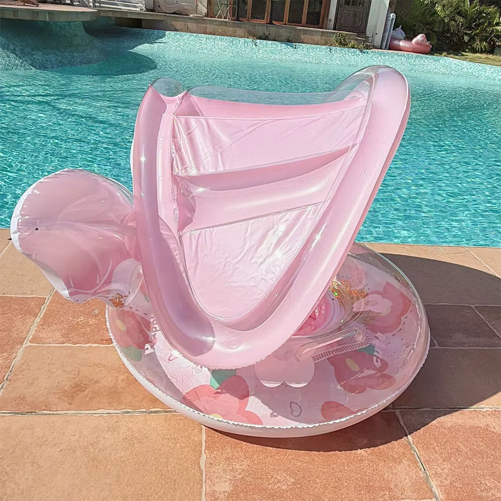 Bouée Gonflable Bébé avec Toit Pare-Soleil – Siège Sécurisé pour Piscine et Mer – Anneau de Natation Enfant – Rose Fleurs – Été