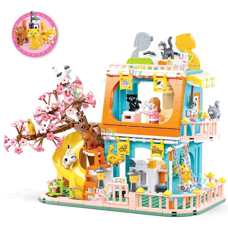 Maison de Chats en Blocs de Construction 521 Pièces – Villa Fantaisie avec Figurines Animaux – Jeu Créatif Enfant DIY – Univers Sakura