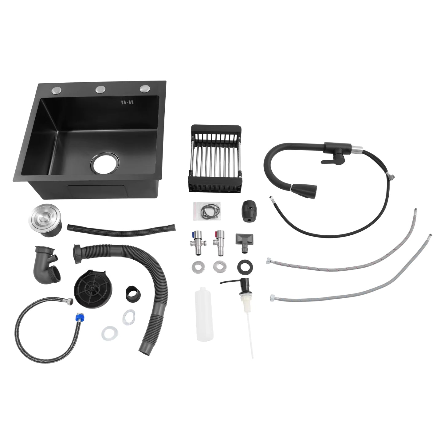 Évier de Cuisine Multifonction Noir 50x45 cm avec Robinet Rétractable – Bac Inox Simple Cuve avec Égouttoir et Distributeur de Savon