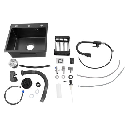 Évier de Cuisine Multifonction Noir 50x45 cm avec Robinet Rétractable – Bac Inox Simple Cuve avec Égouttoir et Distributeur de Savon