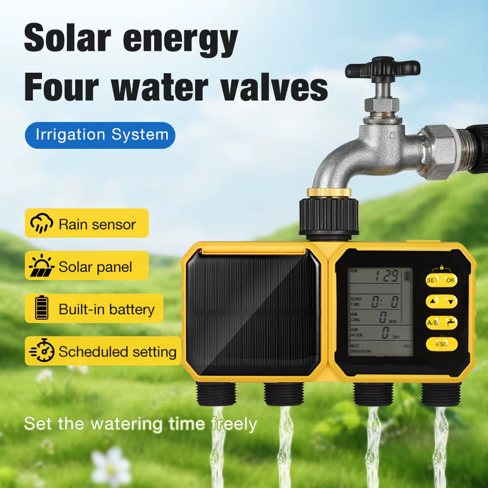 Système d’Irrigation Solaire Intelligent WiFi 4 Sorties avec Écran LCD – Programmateur d’Arrosage Automatique Jardin Extérieur Minuterie Connectée Étanche