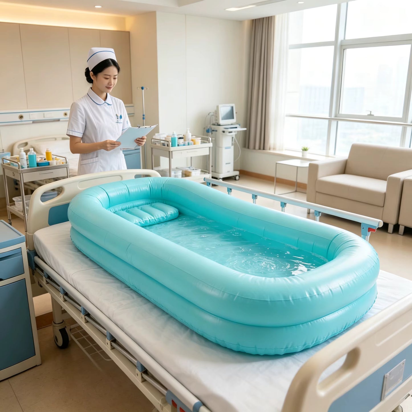 Baignoire Gonflable Médicale pour Lit avec Pompe Électrique – Kit Douche au Lit – Personnes Âgées, Handicapées & Convalescentes – 212 x 96 x 37 cm