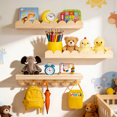 Lot de 3 Étagères Murales Flottantes Chambre Enfant en Bois avec Crochets – Livres, Jouets, Peluches & Déco