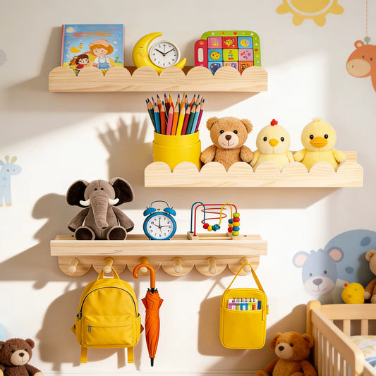 Lot de 3 Étagères Murales Flottantes pour Chambre d'Enfant en Bois avec Crochets | Bibliothèque Murale pour Livres, Jouets, Peluches et Décoration