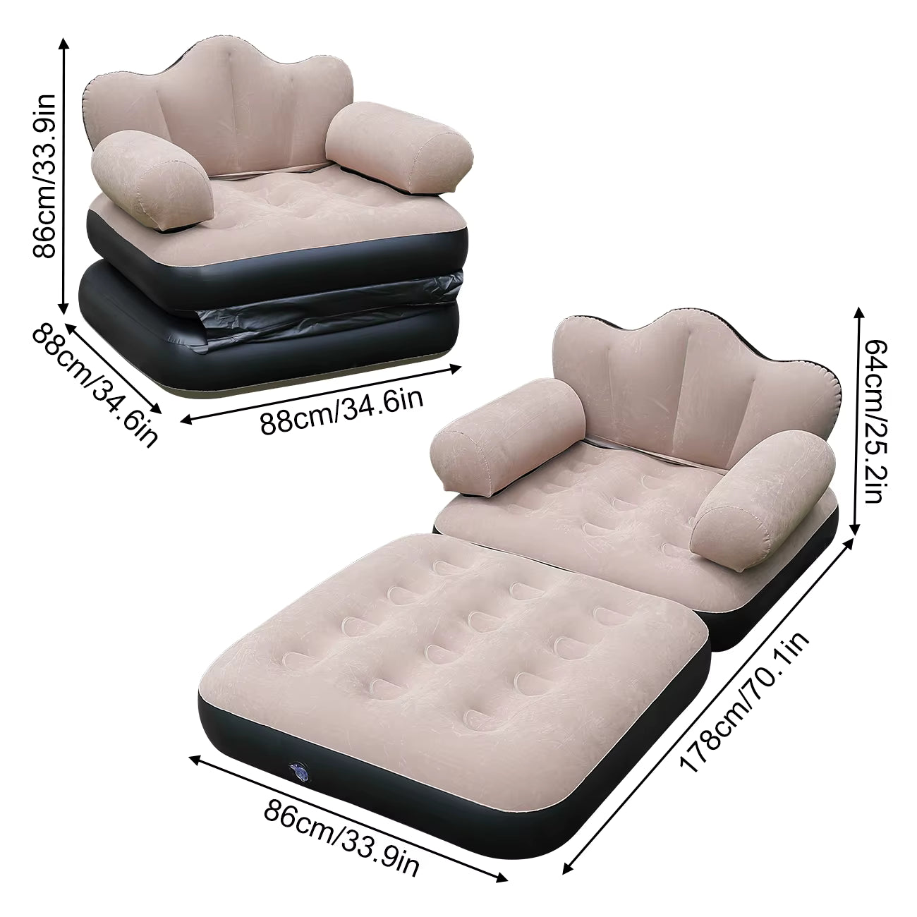 Canapé-Lit Gonflable 2 en 1 avec Accoudoirs – Fauteuil Convertible en Lit d'Appoint – Beige