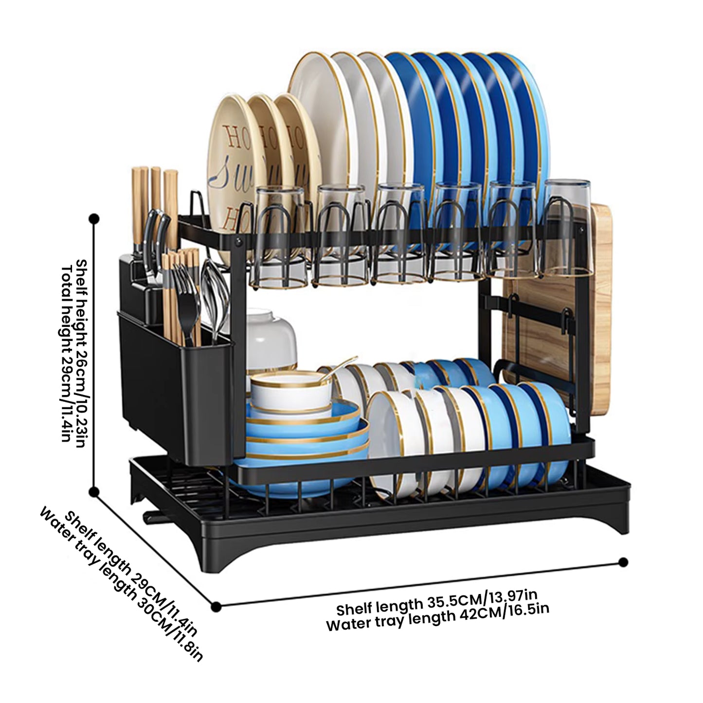 Égouttoir à Vaisselle 2 Niveaux Rotatif 360° – Support de Rangement Cuisine avec Plateau de Drainage – Égouttoir à Bec Pivotant – Couleur Noir