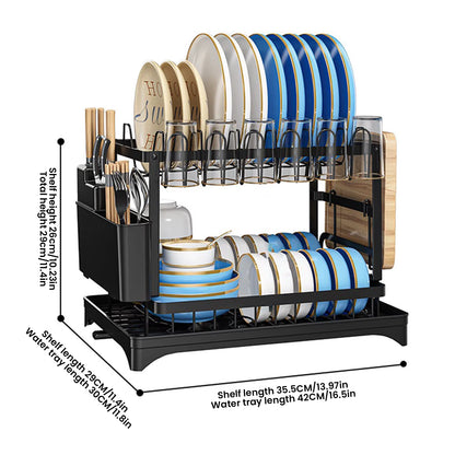2-Tier 360° Rotating Dish Drying Rack – Kitchen Storage Organizer with Drainage Tray – Dish Drainer with Swivel Spout – Black Color