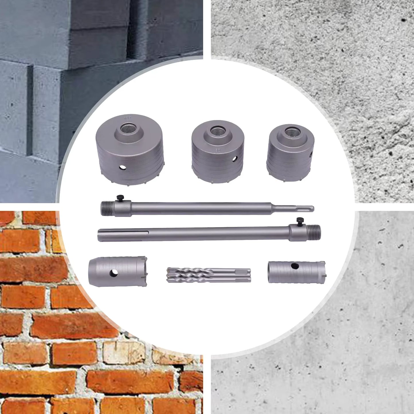 Kit scie cloche béton 9 pièces SDS Plus 30-100 mm