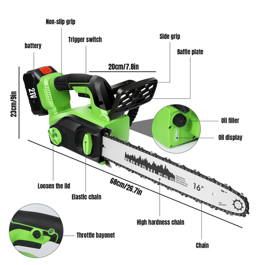 Tronçonneuse sans fil sans balais 16 pouces – 2200 W – Guide-chaîne 40 cm avec huileur automatique et indicateur de batterie