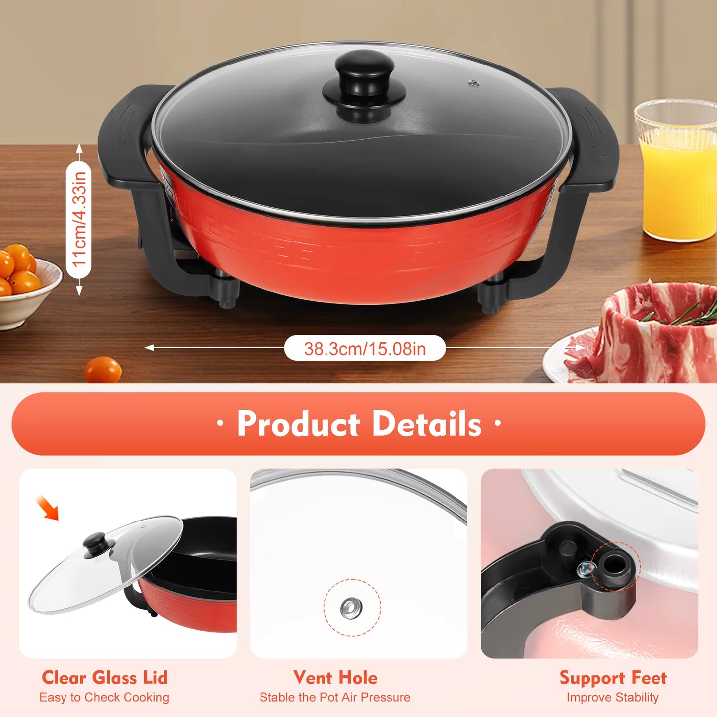 Casserole électrique 1360W avec couvercle – Marmite multifonction grande capacité – Cuisson plats familiaux