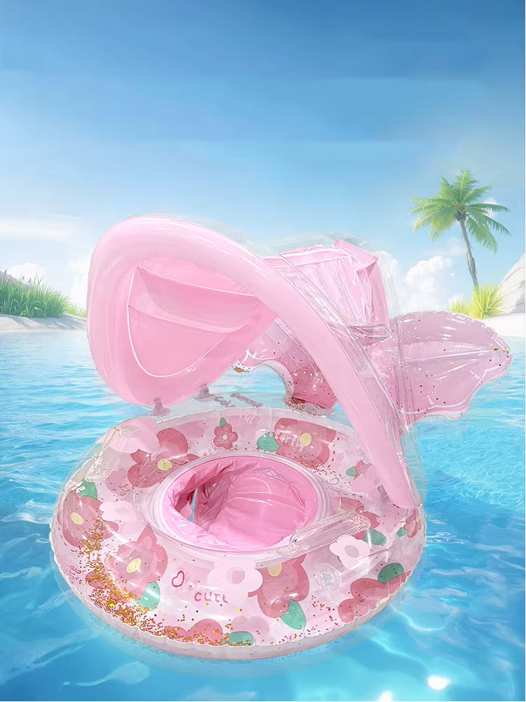 Bouée Gonflable Bébé avec Toit Pare-Soleil – Siège Sécurisé pour Piscine et Mer – Anneau de Natation Enfant – Rose Fleurs – Été