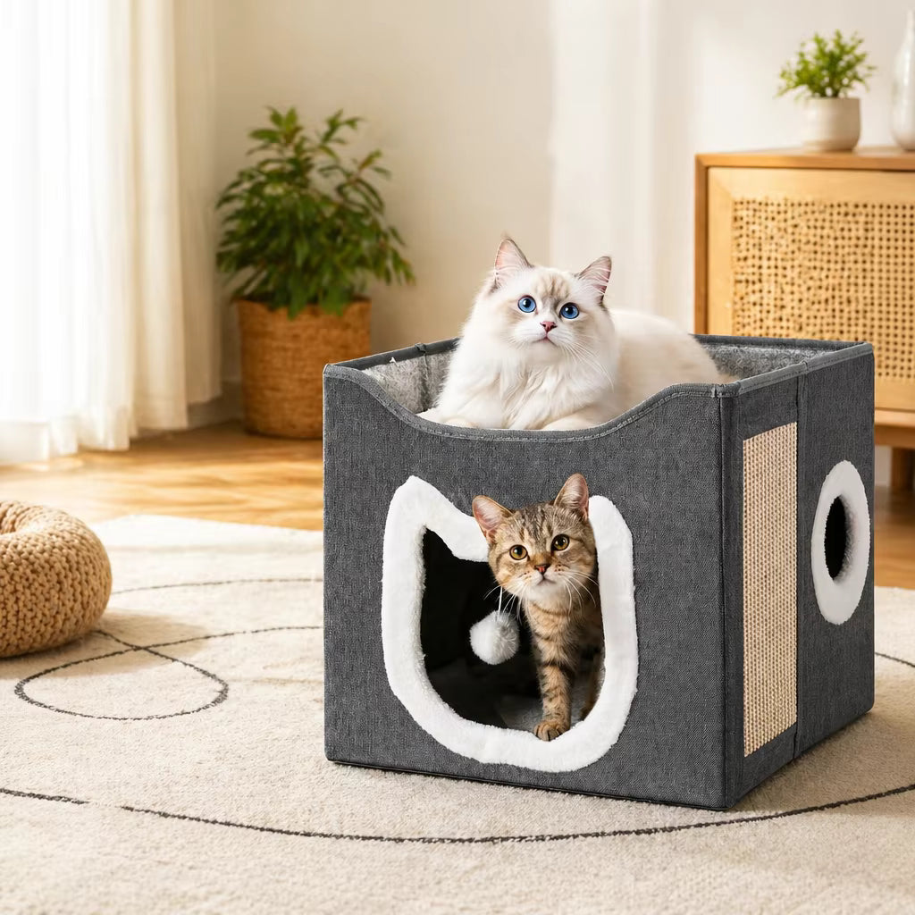 Maison pour Chat Pliable avec Griffoir Intégré Niche Intérieure Cube de Repos et Jeu pour Chats