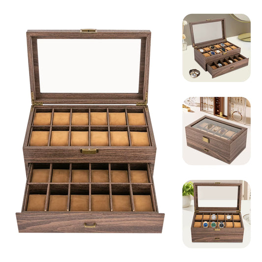 Boîte à Montres 24 Compartiments avec Vitrine – Coffret de Rangement Bijoux 2 Niveaux, Organisateur Montres en Bois avec Fenêtre Verre, Design Élégant