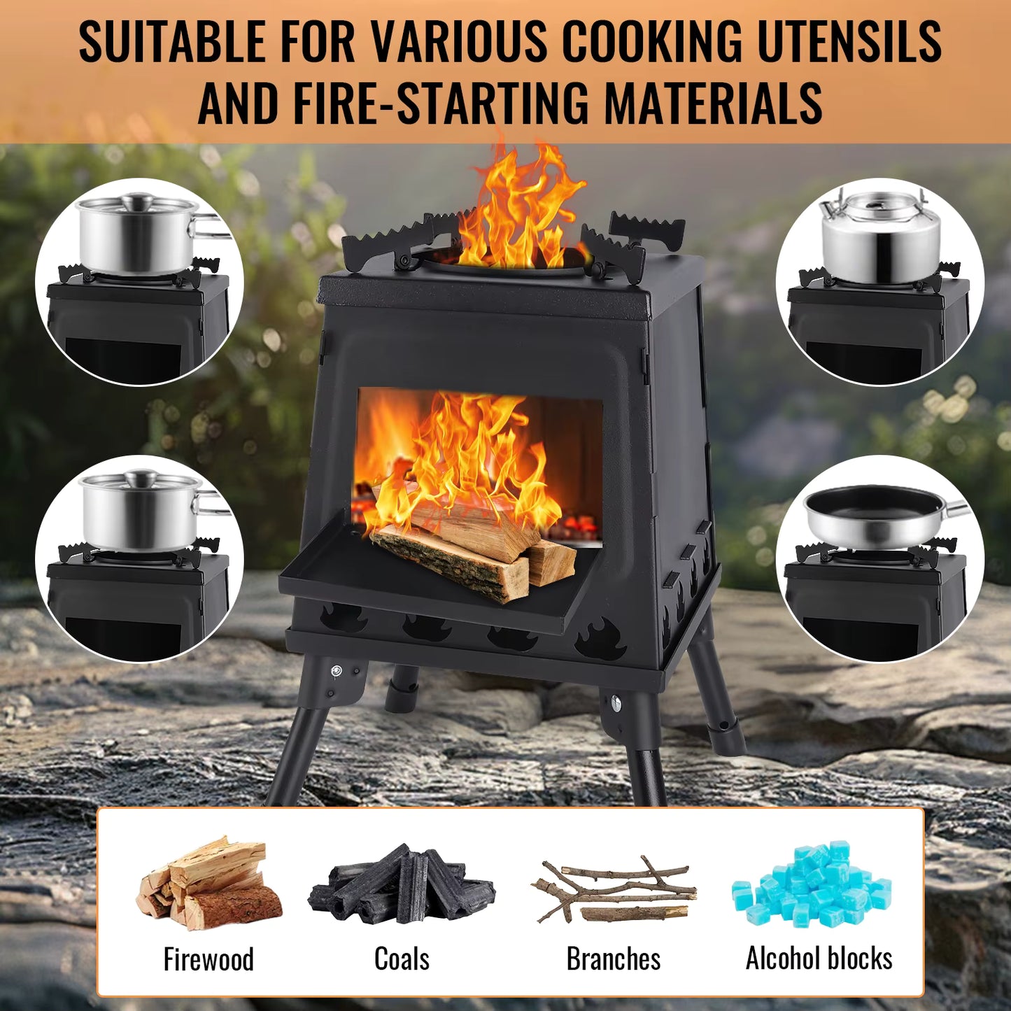 Poêle à Bois Portable Pliable pour Camping et Randonnée – Réchaud Extérieur avec Sac de Transport et Gants – Cuisine Plein Air