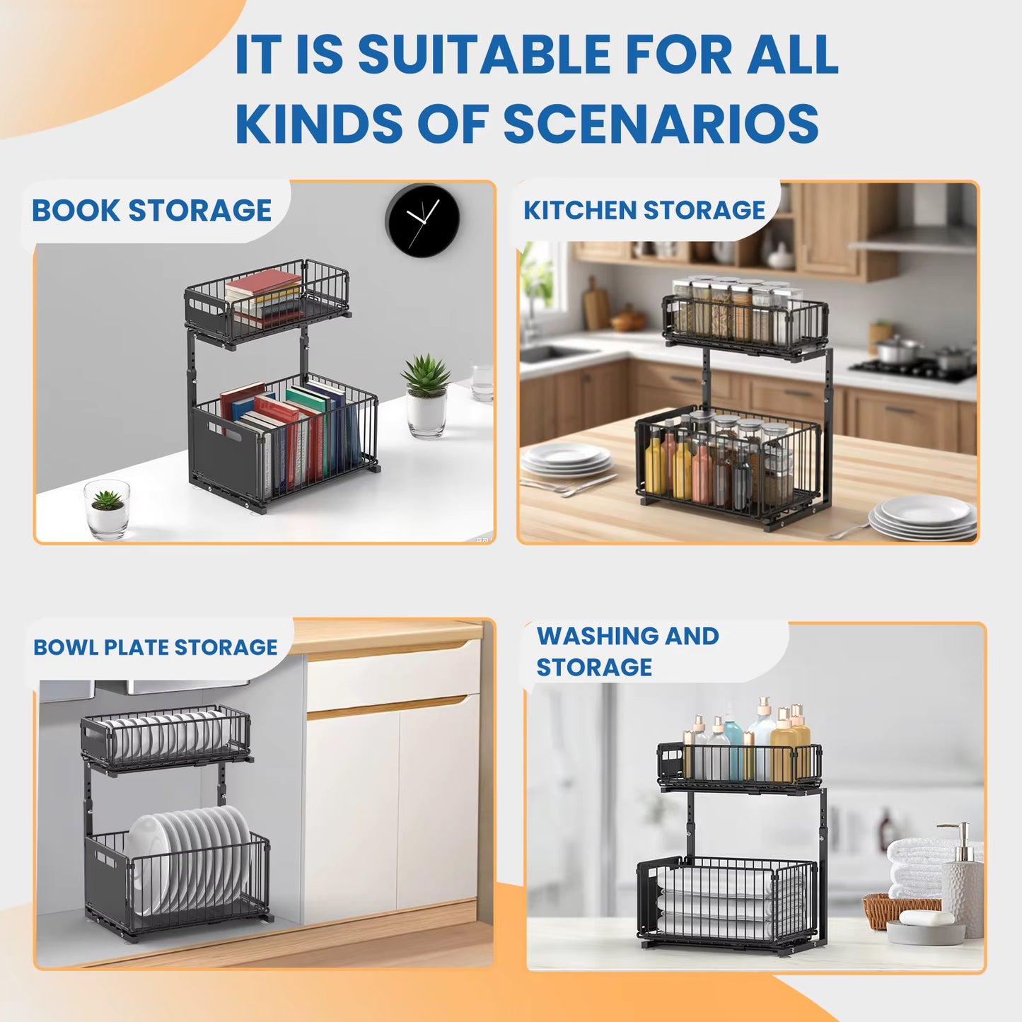 Organisateur extractible 2 niveaux avec tiroirs coulissants pour sous-évier
