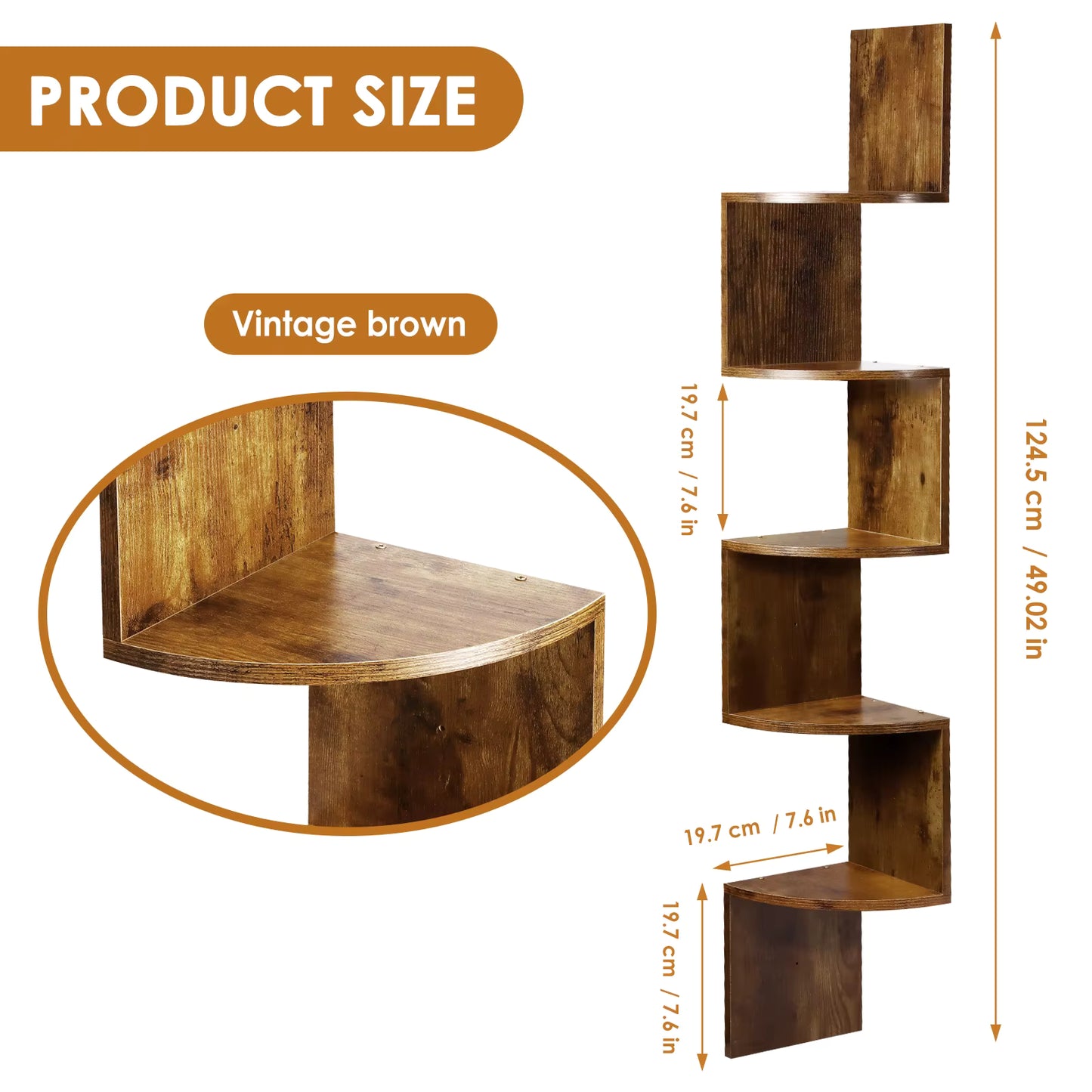 Étagère d'Angle Murale 5 Niveaux en Bois – Bibliothèque d'Angle Flottante pour Salon, Chambre, Bureau et Salle de Bain