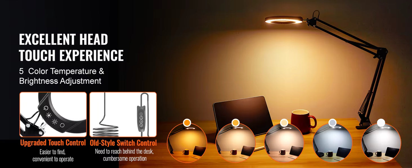 Lampe Loupe 5X avec 64 LED – Lentille Verre 4,3" – Loupe de Bureau à Base ou Pince – Éclairage LED