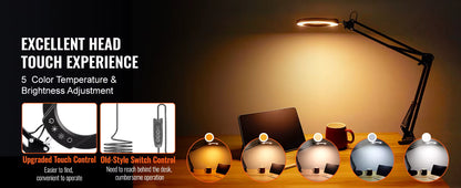 Lampe Loupe 5X avec 64 LED – Lentille Verre 4,3" – Loupe de Bureau à Base ou Pince – Éclairage LED