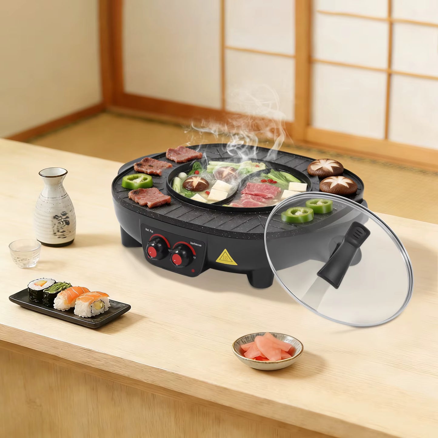 Hotpot et Grill Électrique 2 en 1 Sans Fumée Plaque Antiadhésive Cuisine Coréenne Multifonction Noir