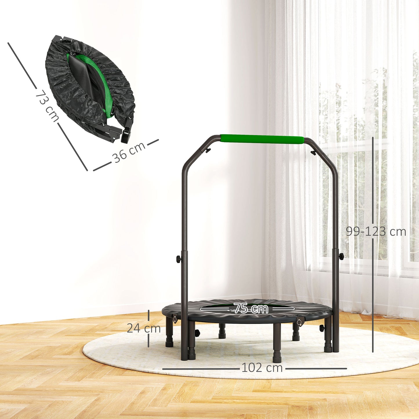 Mini Trampoline Fitness Pliable 102 cm – Barre Réglable, Cardio Adultes, Gym Maison