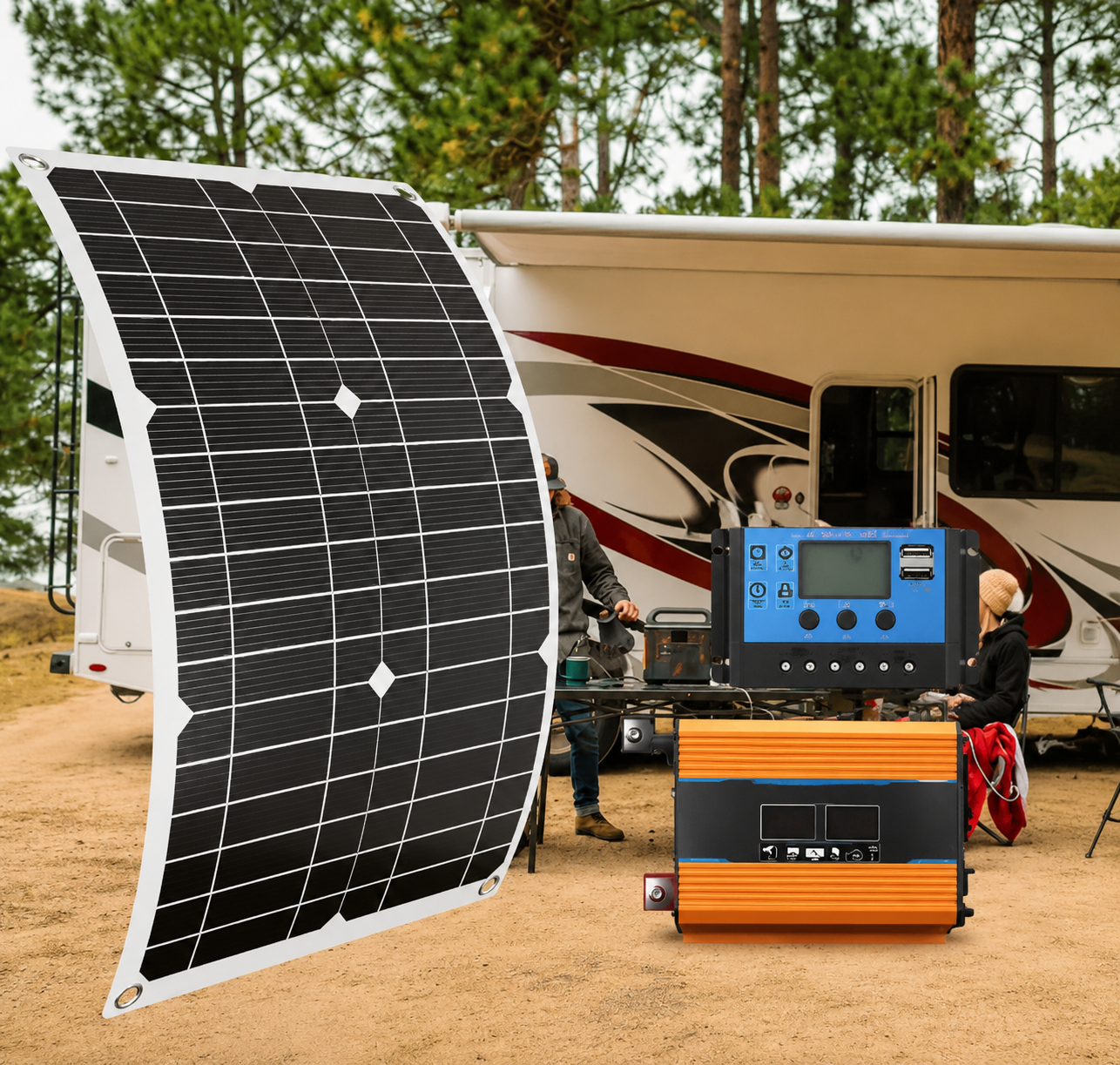 Kit Panneau Solaire Flexible – Onduleur 12V/220V + Contrôleur de Charge – Camping-Car, Maison & Extérieur
