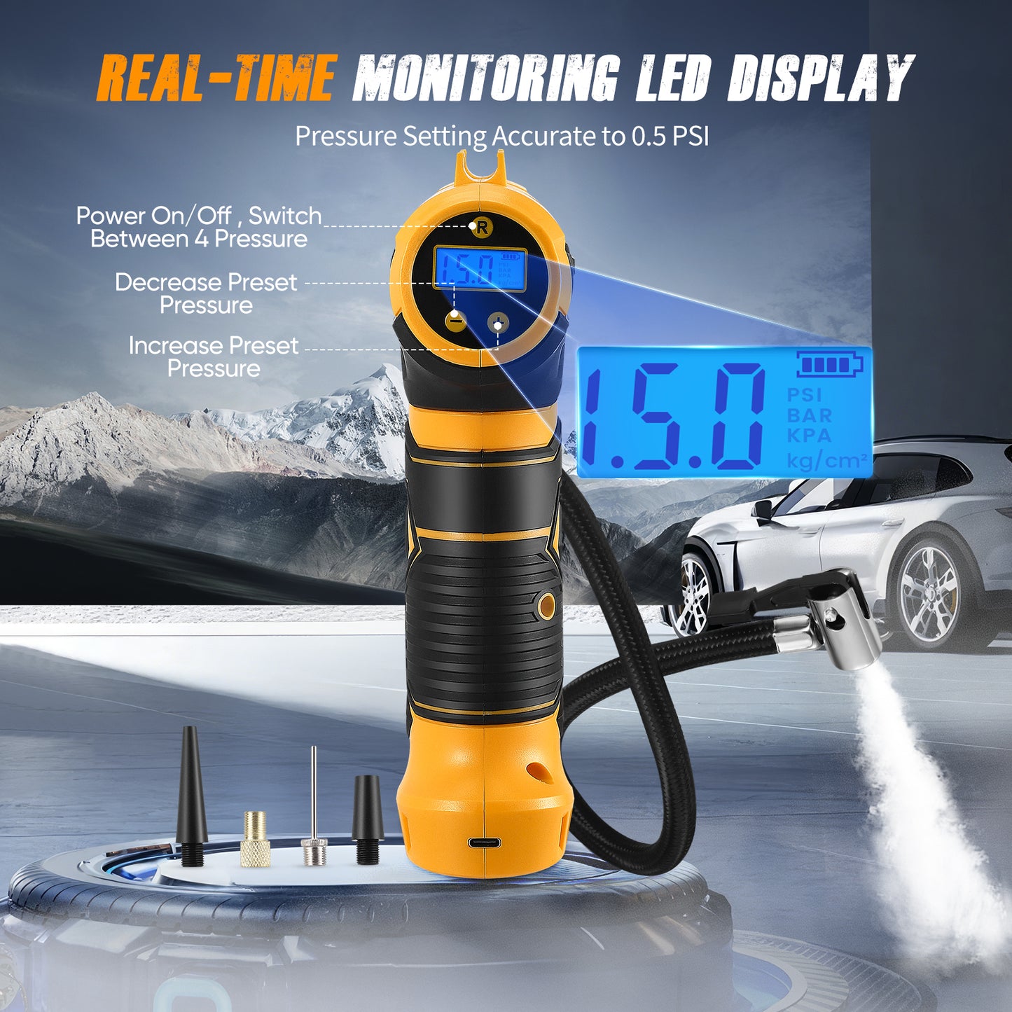Compresseur d’Air Portable Sans Fil 150 PSI – Pompe Voiture avec 2 Batteries et 4 Embouts