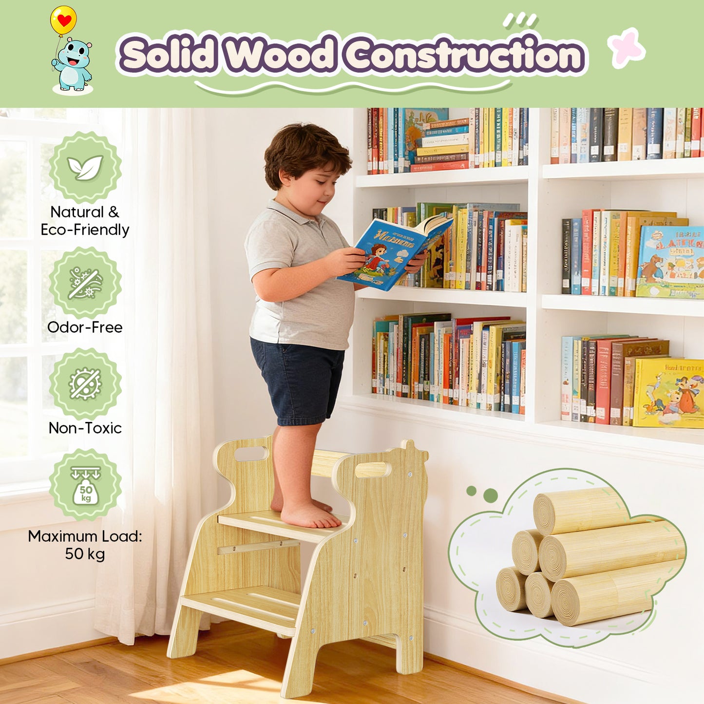 Tabouret Enfant 2 Marches en Bois 4-en-1 – Marchepied Antidérapant Salle de Bain Évier