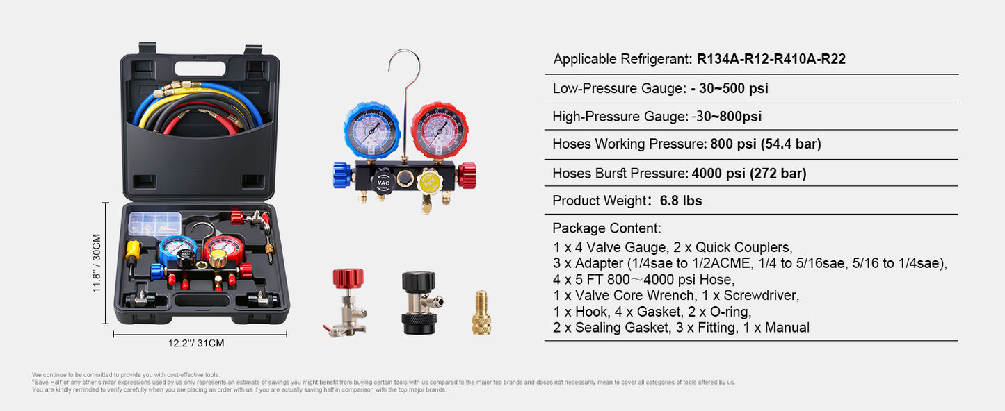 Manomètre AC 4 Voies avec Tuyaux – Kit de Recharge Climatisation Auto R134A R22 R410A