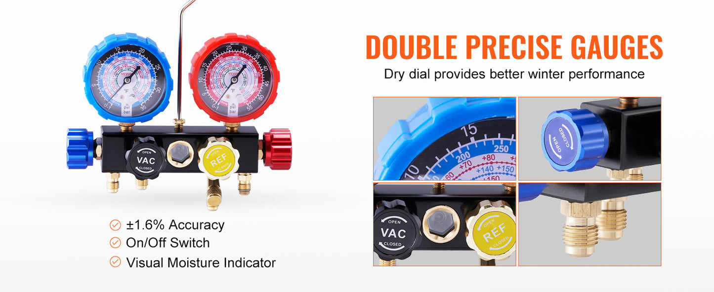 Kit manomètre climatisation 4 voies avec tuyaux, ensemble de jauges AC pour recharge gaz R134A R22 R12 R410A, outil diagnostic clim auto avec mallette