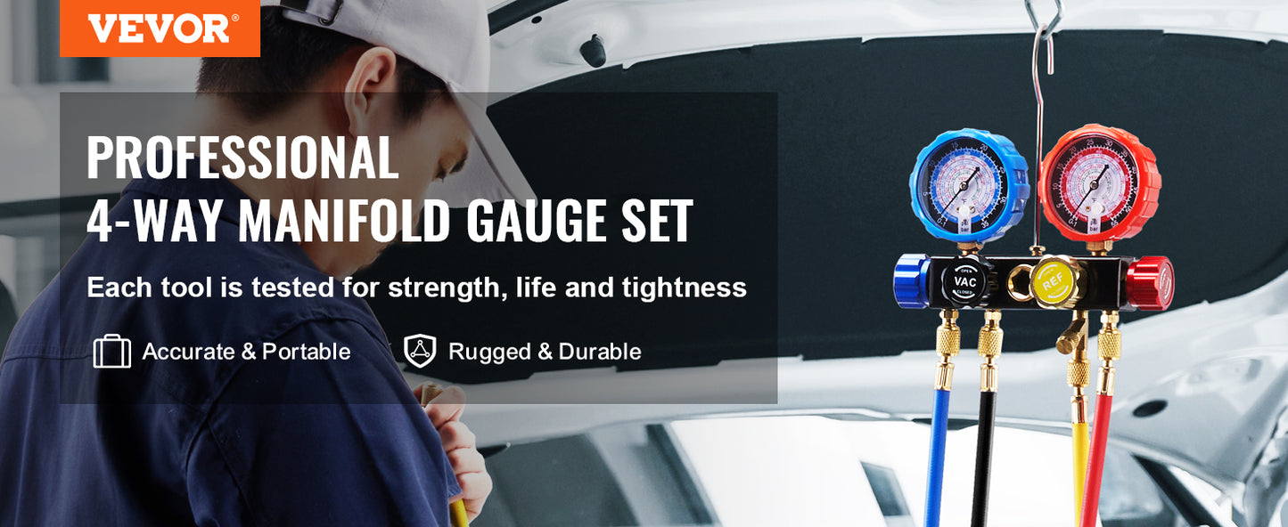 Kit manomètre climatisation 4 voies avec tuyaux, ensemble de jauges AC pour recharge gaz R134A R22 R12 R410A, outil diagnostic clim auto avec mallette
