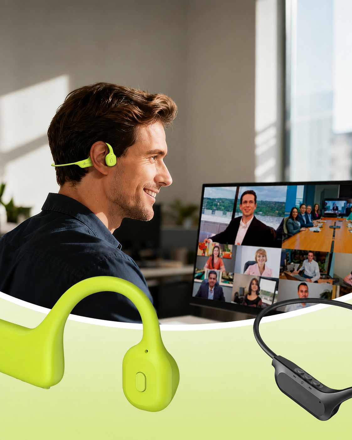 Casque Bluetooth Conduction Osseuse Open Ear – BT 5.3, IPX5, Micro HD, USB-C, Vert