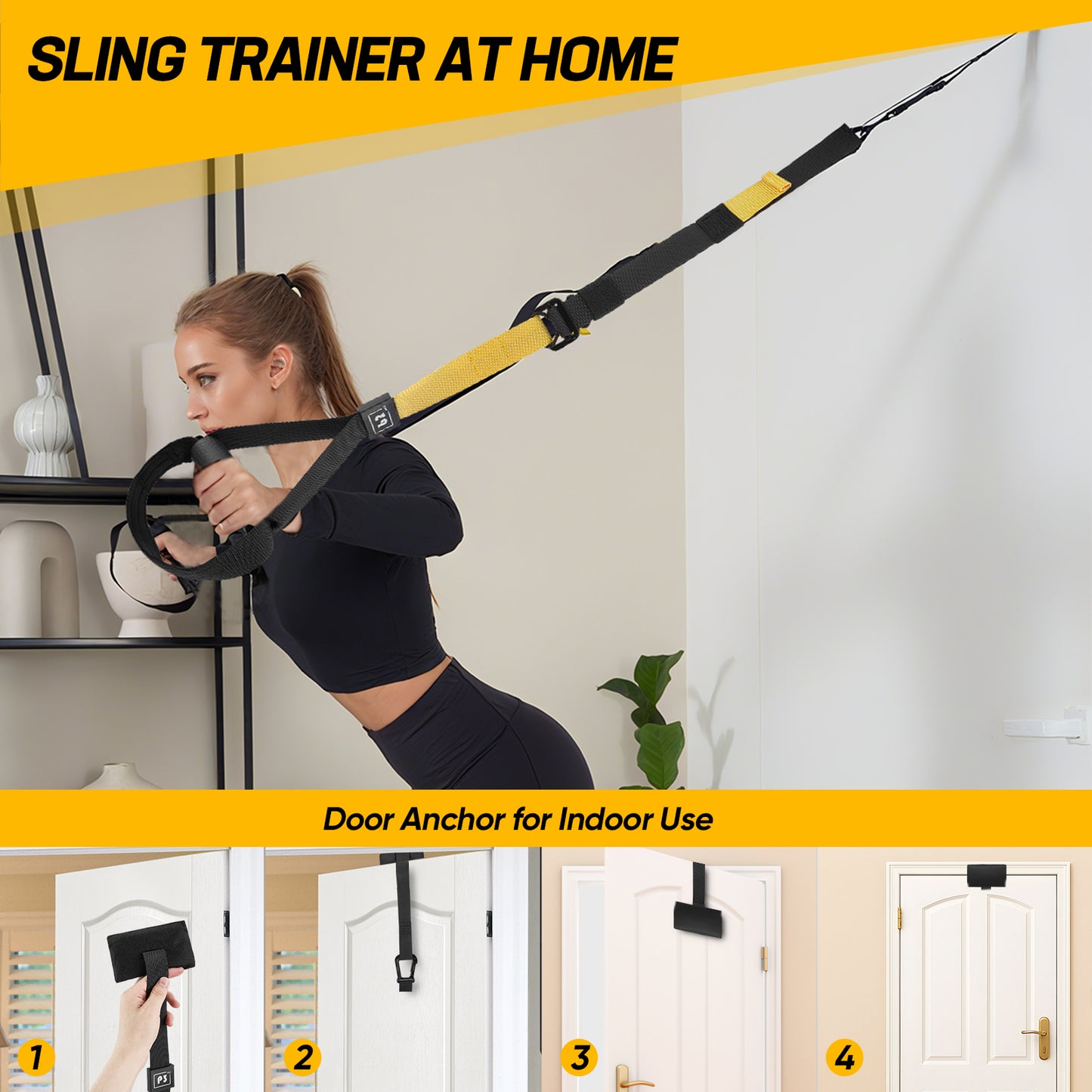 Ceinture d’Entraînement de Suspension 320 kg – Sangles de Fitness Réglables – Système de Tension pour Musculation et Gym à Domicile – Couleur Jaune