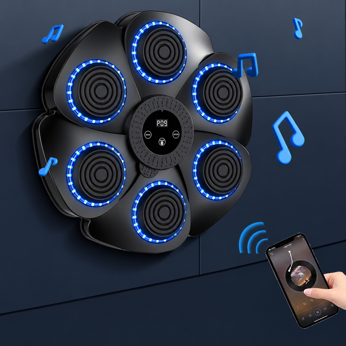 Máquina de Boxeo Musical de Pared – 6 Blancos LED Interactivos – Fitness y Reflejos – Conexión para Smartphone – Guantes Incluidos