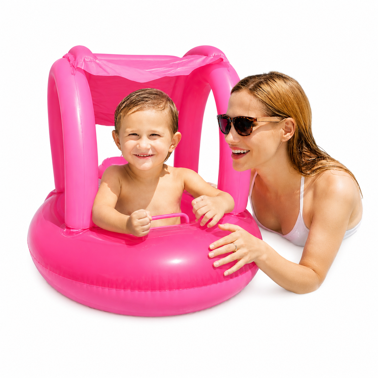 Bouée Bébé Gonflable avec Siège et Pare-Soleil Rose | Flotteur Piscine Enfant | Anneau de Natation Sécurisé | Accessoire Baignade Été