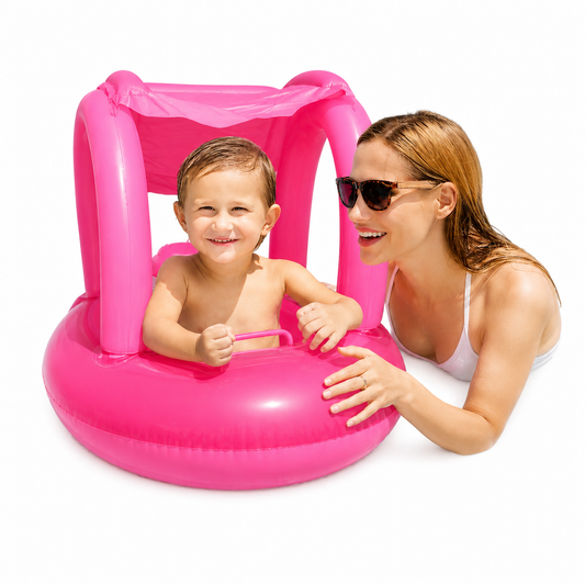 Bouée Bébé Gonflable Rose avec Siège & Pare-Soleil – Flotteur Piscine Enfant Sécurisé – Été