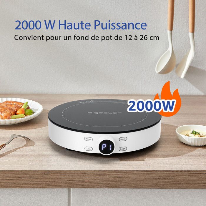 Plaque à Induction 2000W – Plaque de Cuisson Vitrocéramique Portable, Commande Tactile, Minuterie, Arrêt Automatique, Cuisine Rapide et Sécurisée