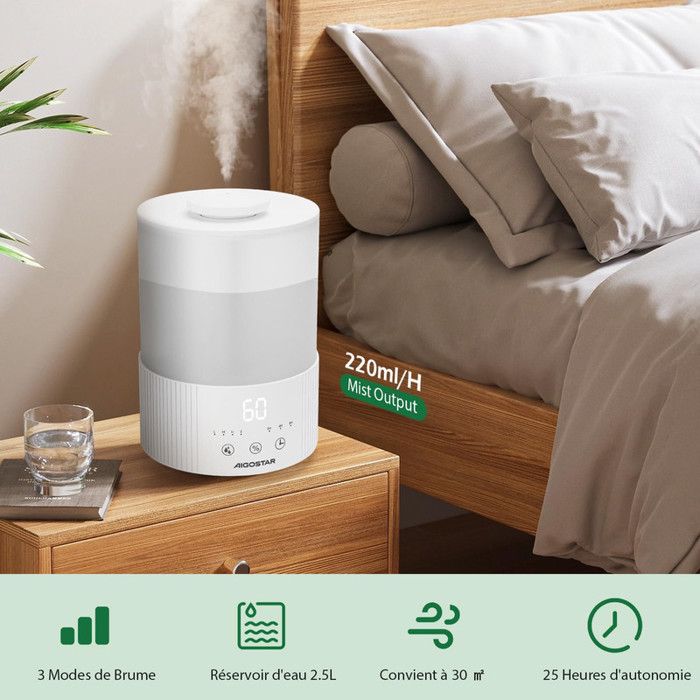 Humidificateur d’Air 2,5L Ultrasonique – Diffuseur d’Huiles Essentielles, Silencieux, Réglage d’Humidité, Autonomie Longue Durée