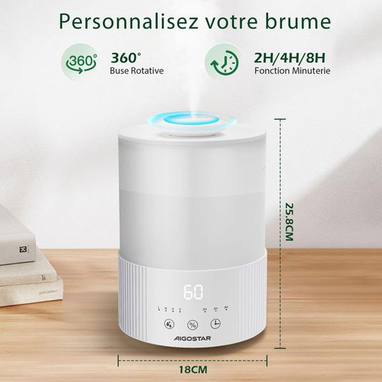 Humidificateur d’Air 2,5L Ultrasonique – Diffuseur d’Huiles Essentielles, Silencieux, Réglage d’Humidité, Autonomie Longue Durée