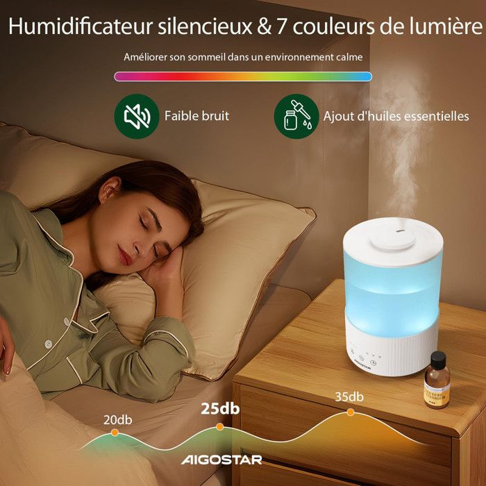Humidificateur d’Air 2,5L Ultrasonique – Diffuseur d’Huiles Essentielles, Silencieux, Réglage d’Humidité, Autonomie Longue Durée