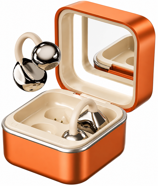 Écouteurs Bluetooth 6.0 Sans Fil à Clip d'Oreille – Boîtier avec Miroir, Open Ear, Son Stéréo, Coloris Orange
